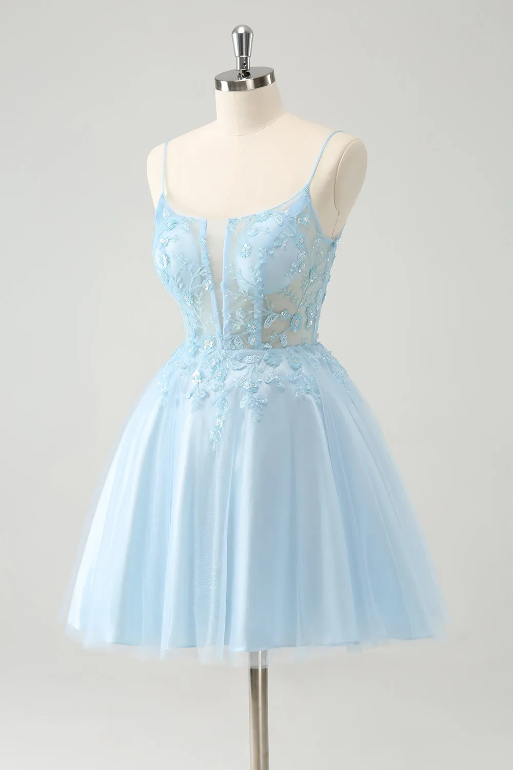 Cute Glitter Blue A Line Beaded Corset Tulle Mini Dress with Appliques