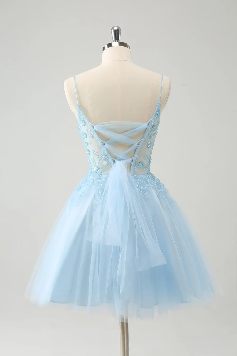 Cute Glitter Blue A Line Beaded Corset Tulle Mini Dress with Appliques