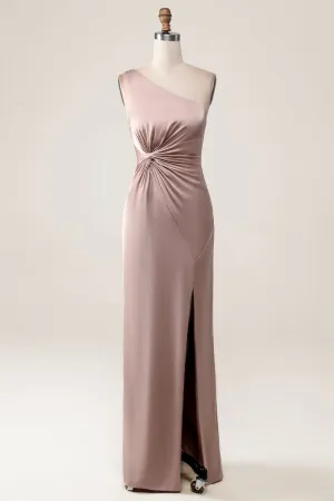 Dusty Rose Mermaid One Shoulder Pleated Satin Maxi Dress with Slit