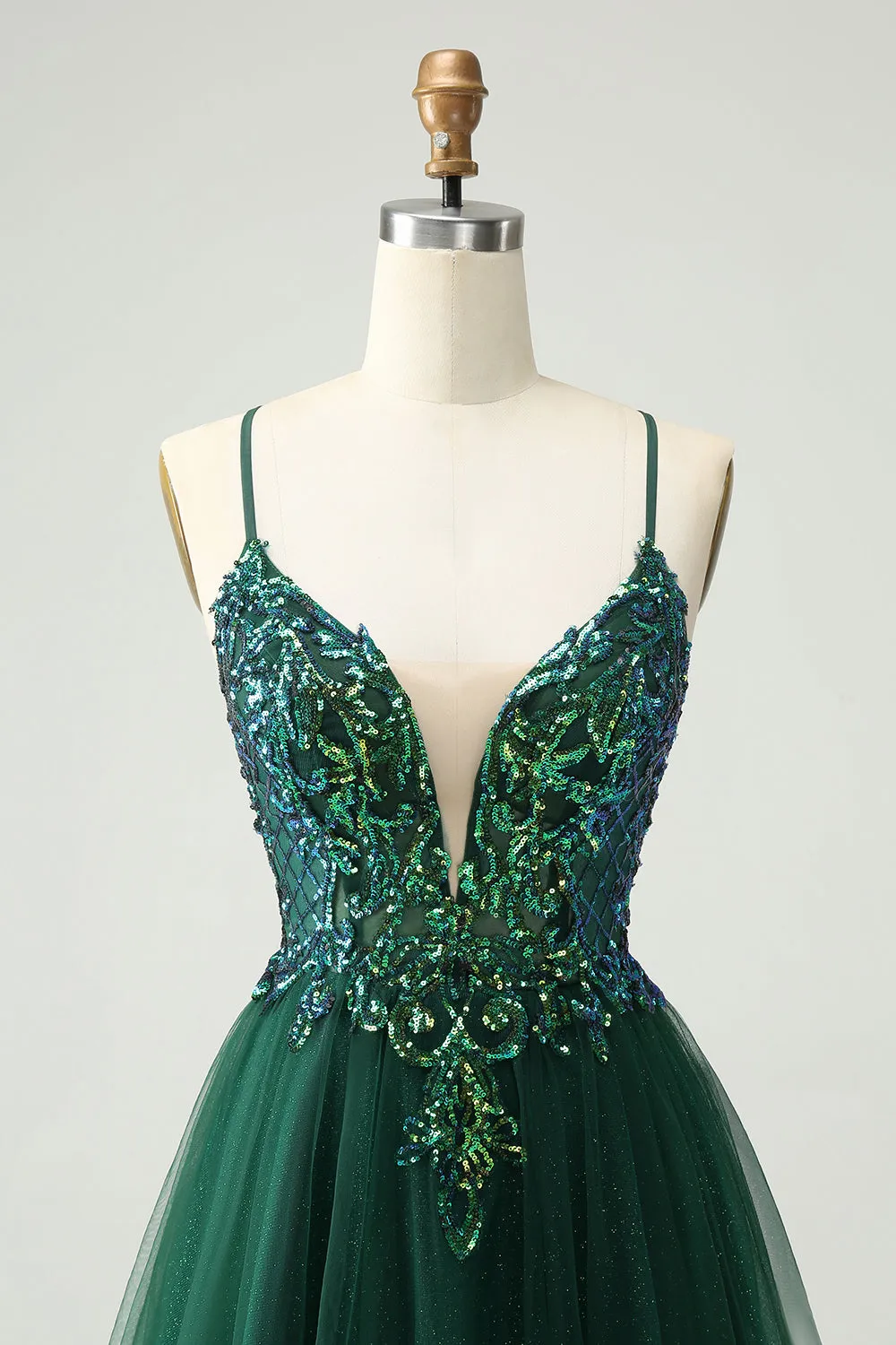 Glitter Dark Green A-Line Sequined Appliques V Neck Mini Dress