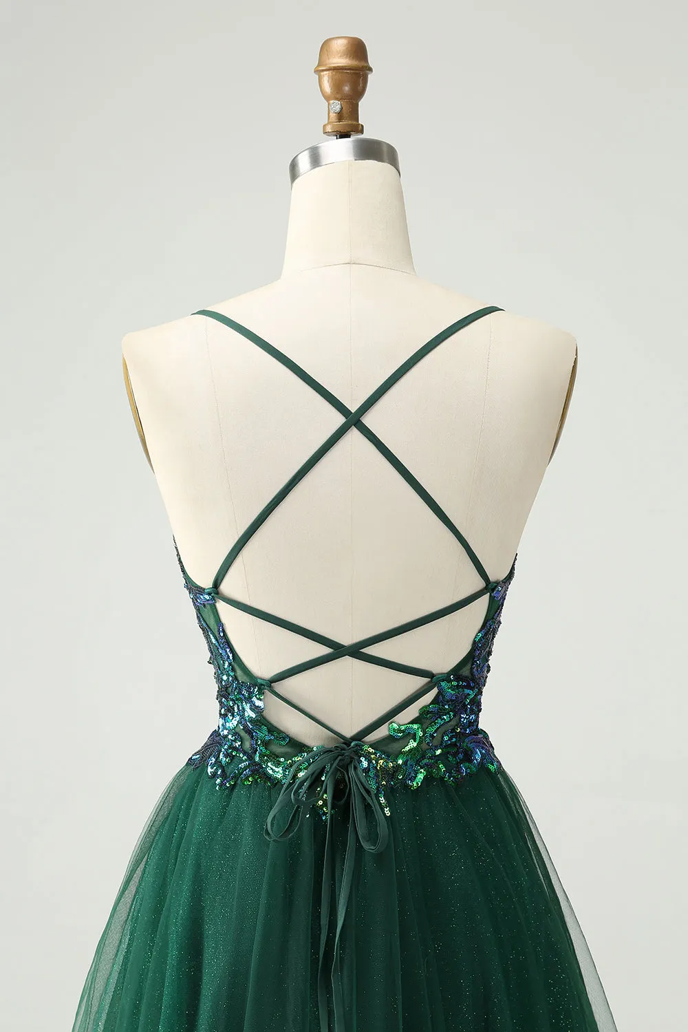 Glitter Dark Green A-Line Sequined Appliques V Neck Mini Dress