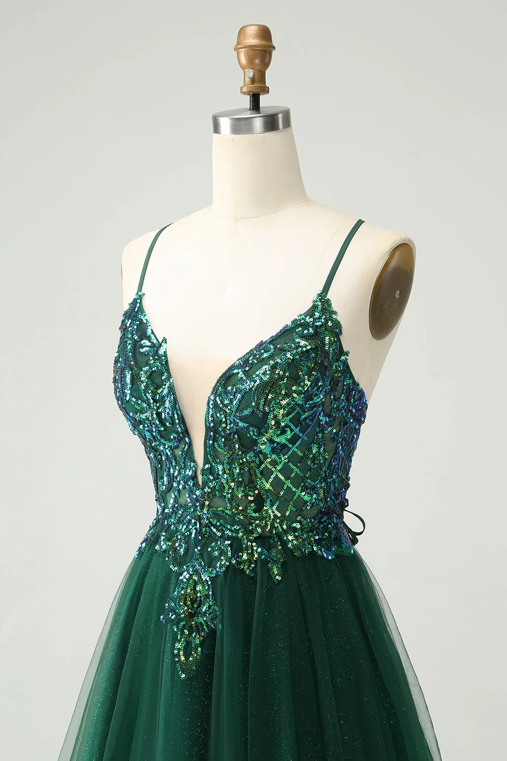 Glitter Dark Green A-Line Sequined Appliques V Neck Mini Dress