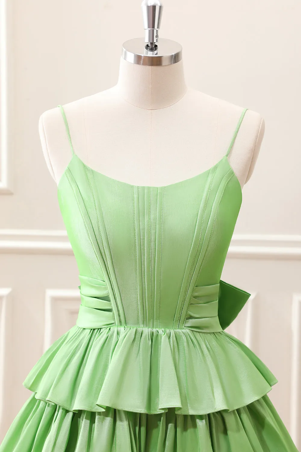 Green A Line Corset Tiered Ruffles Mini Dress with Bows