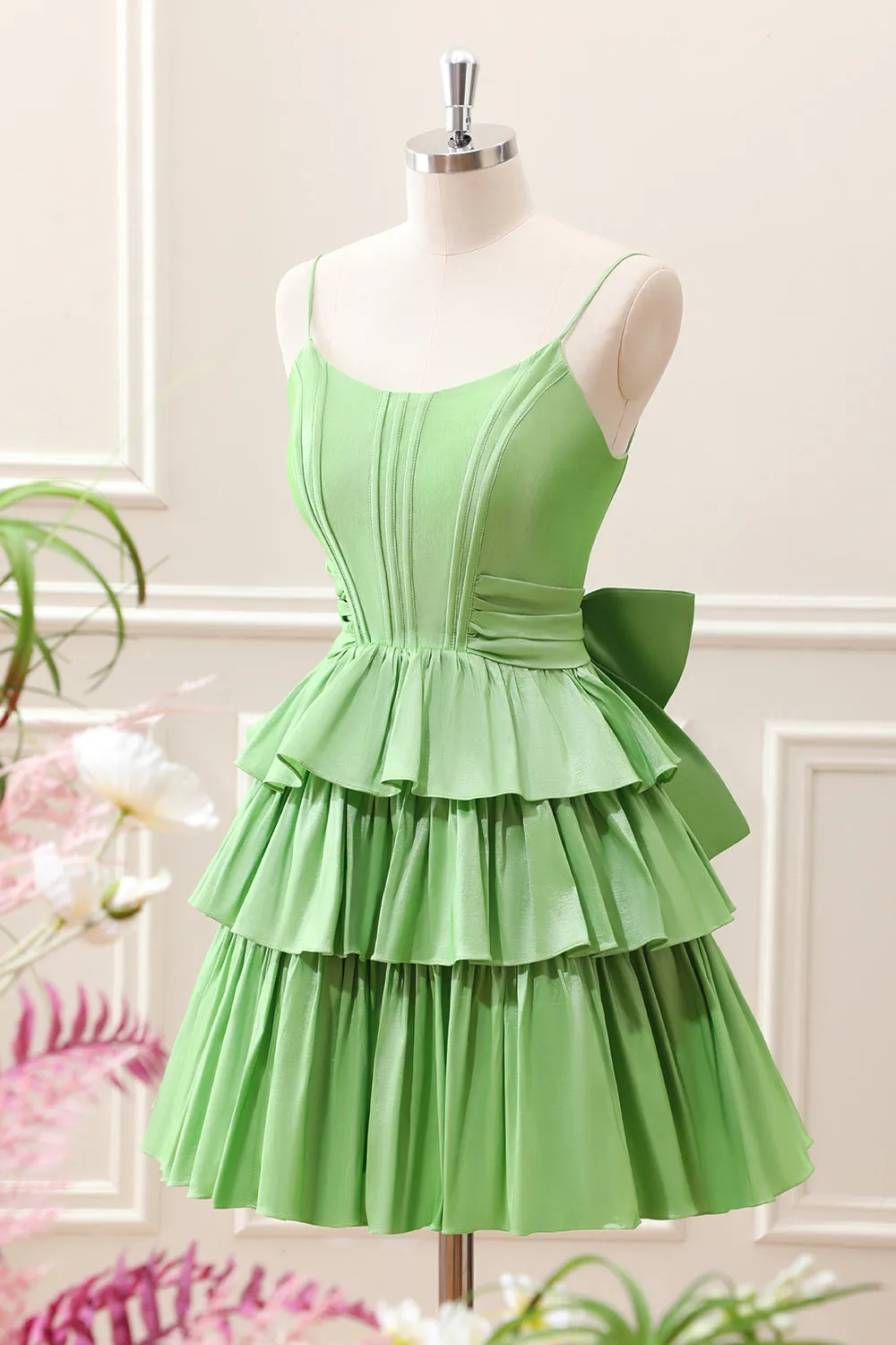 Green A Line Corset Tiered Ruffles Mini Dress with Bows