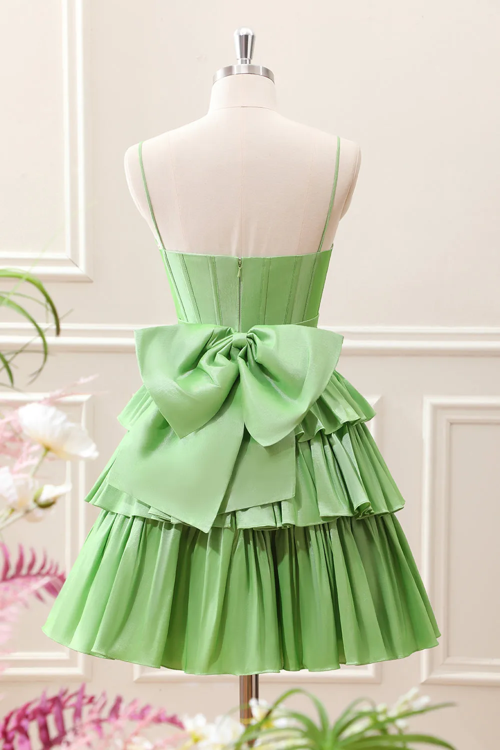 Green A Line Corset Tiered Ruffles Mini Dress with Bows