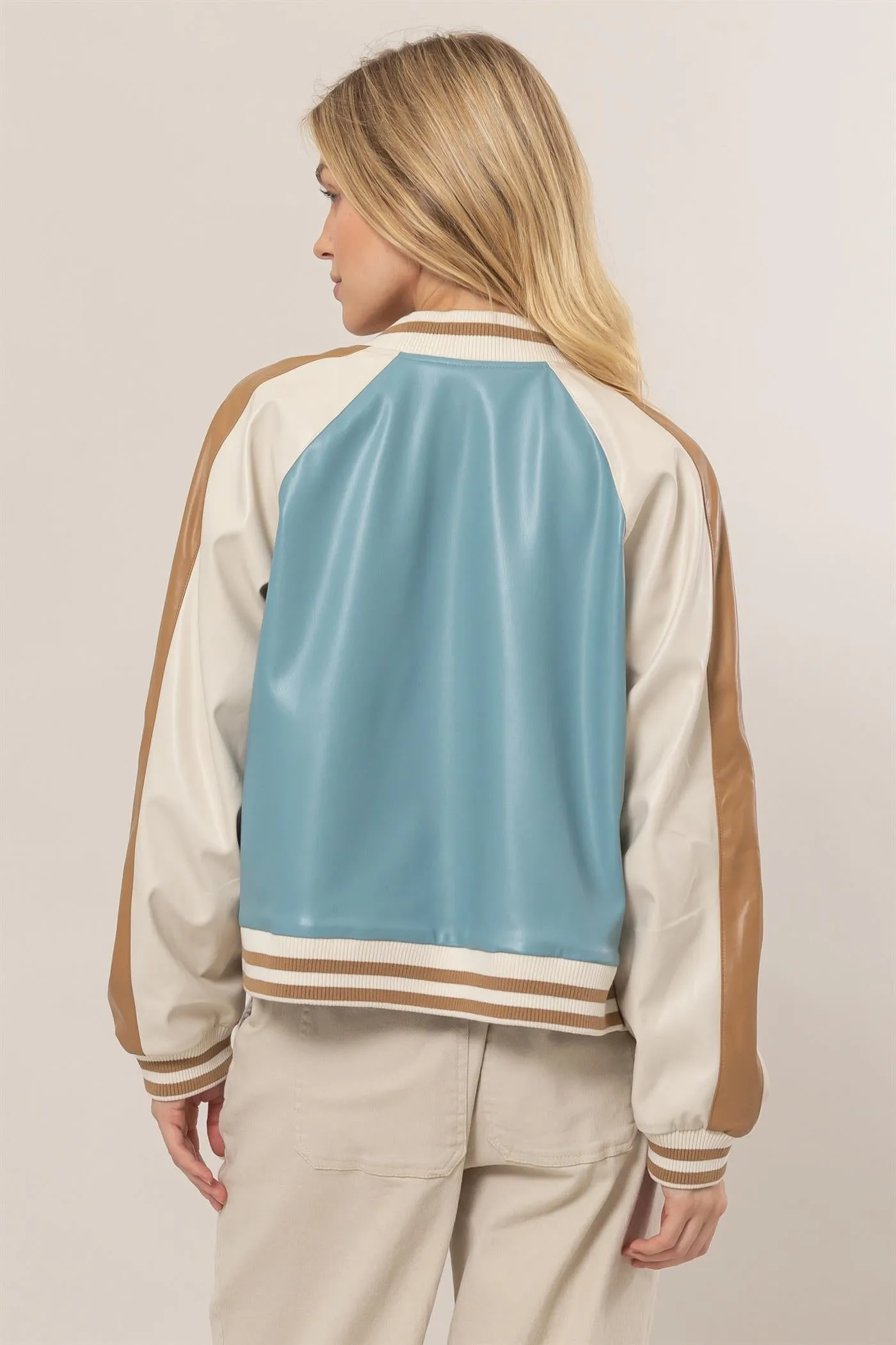 HF25C117-Pu Color Block Baseball Jacket