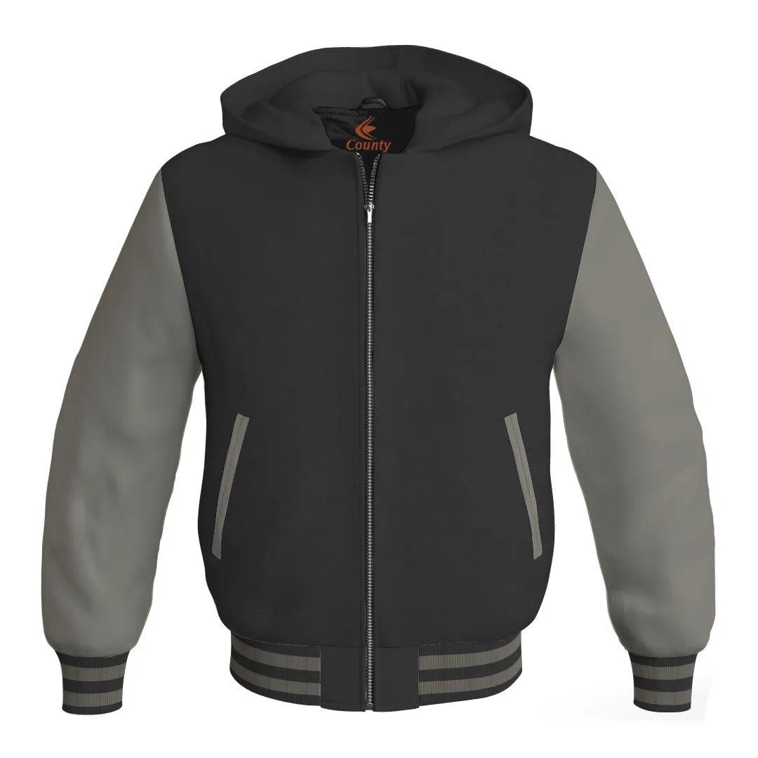 Hoodies For Men Black Body and Gray Leather Sleeves Varsity Hoodie