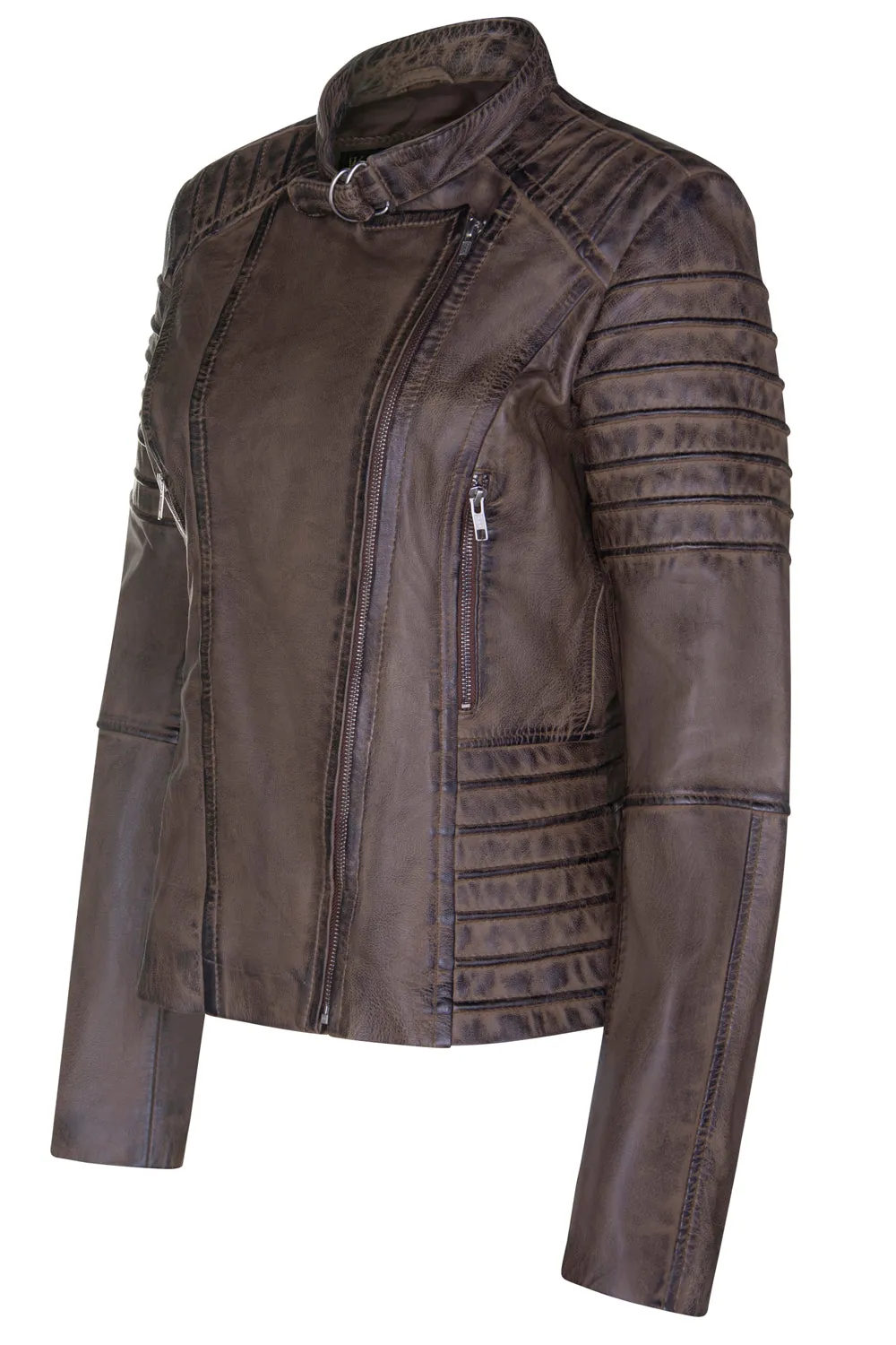 Ladies Classic Biker Jacket Brown Worn Look Lambskin 9393