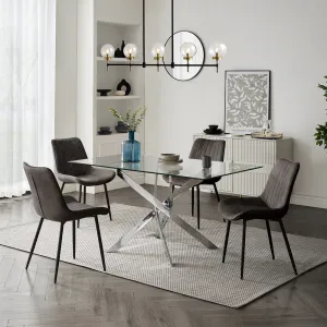 Lucia Rectangular Glass Dining Table & 4 Girona Chairs, Grey Velvet