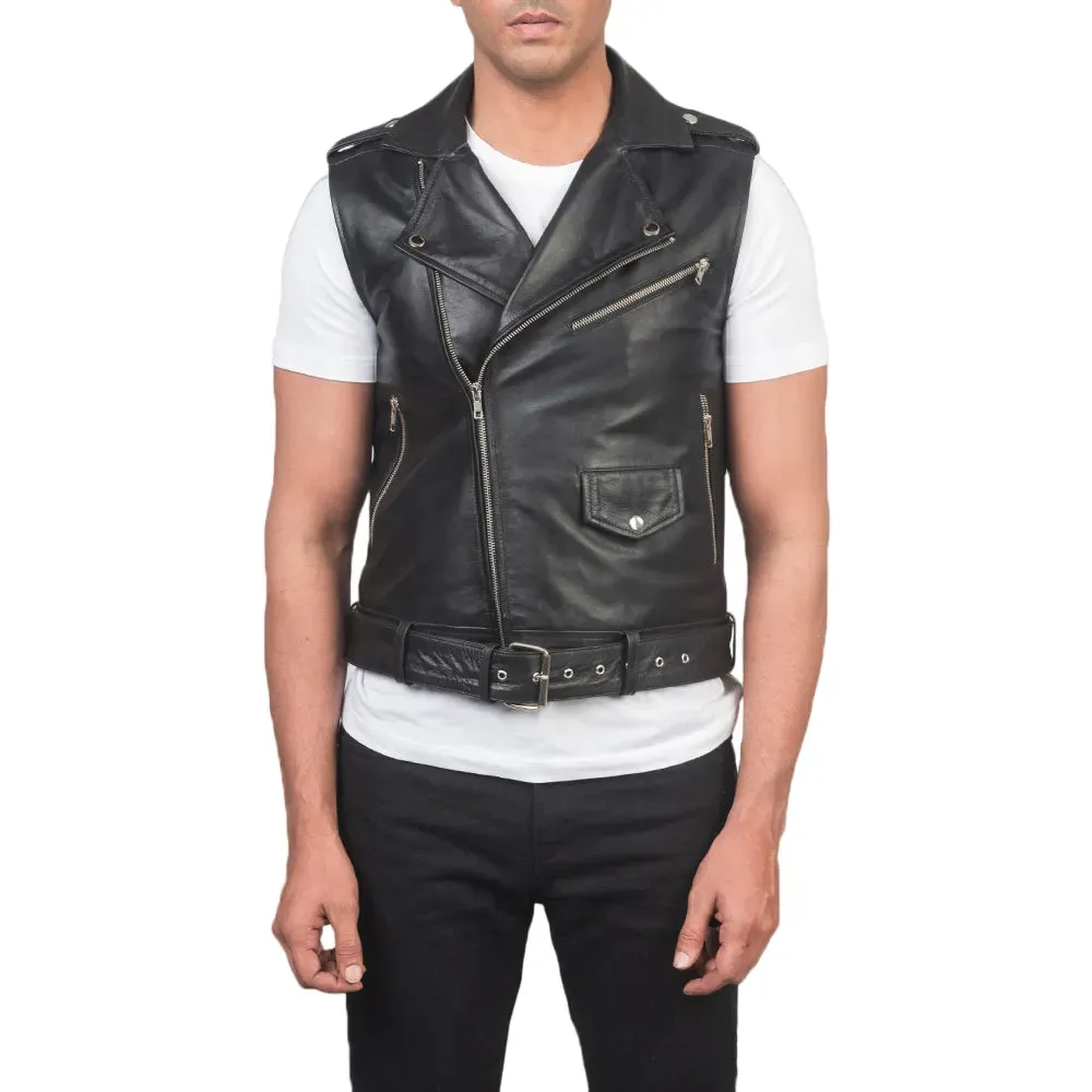 Mens Black Leather Motorcycle Vest