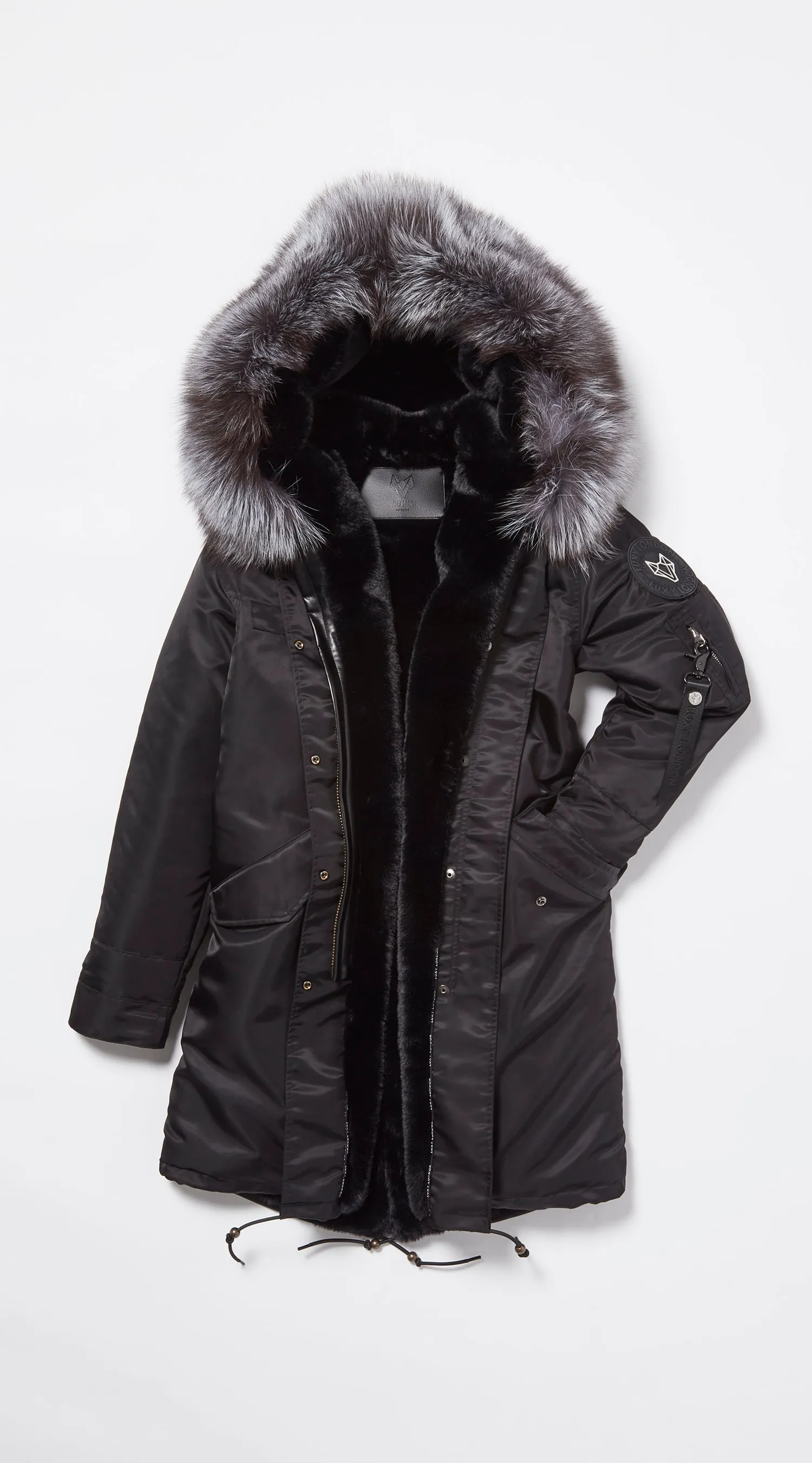 Mens Black Water-Repellent Luxy Fur Parka - 3/4 Silver Fox