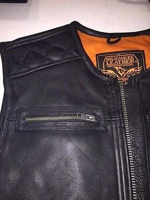 Mens Motorcycle Milwaukee updated collarless quilted shoulder cow leather vest