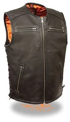 Mens Motorcycle Milwaukee updated collarless quilted shoulder cow leather vest