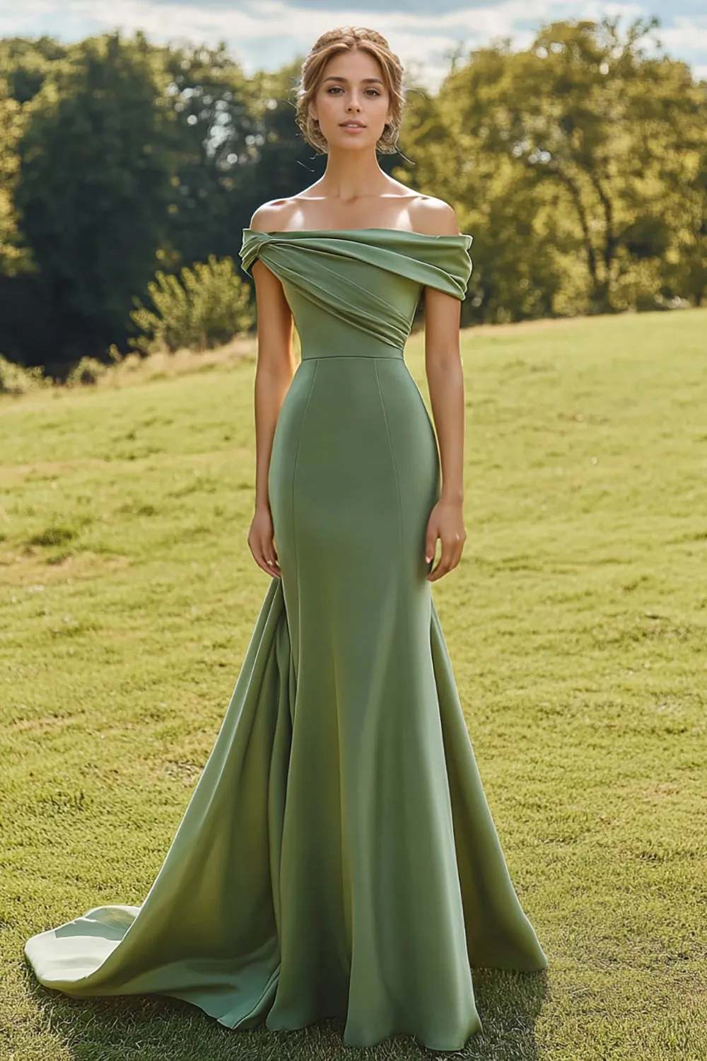 Mermaid Off the Shoulder Sage Formal Dress