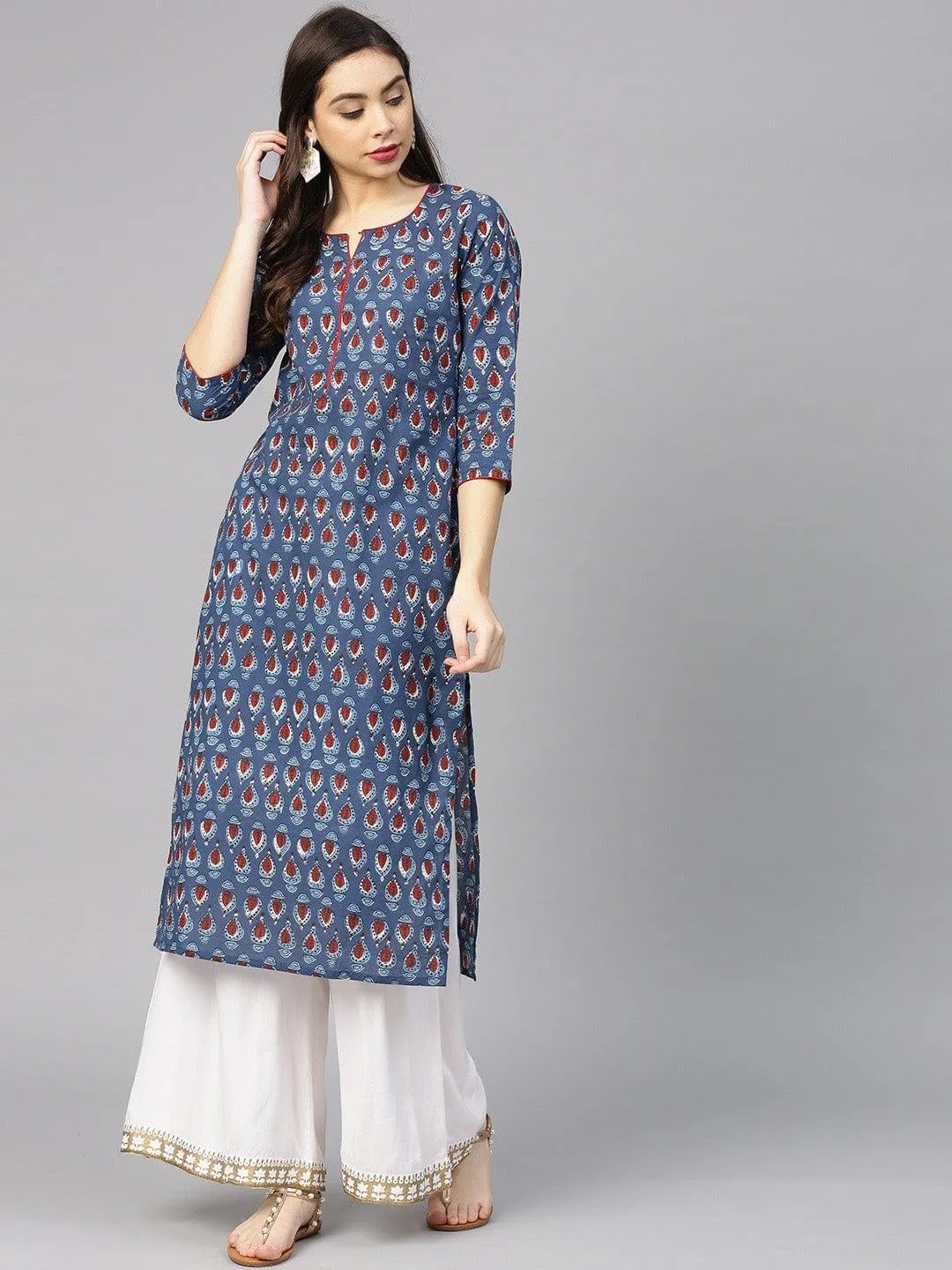 Navy Blue & Rust Brown Screen Print Straight Kurta