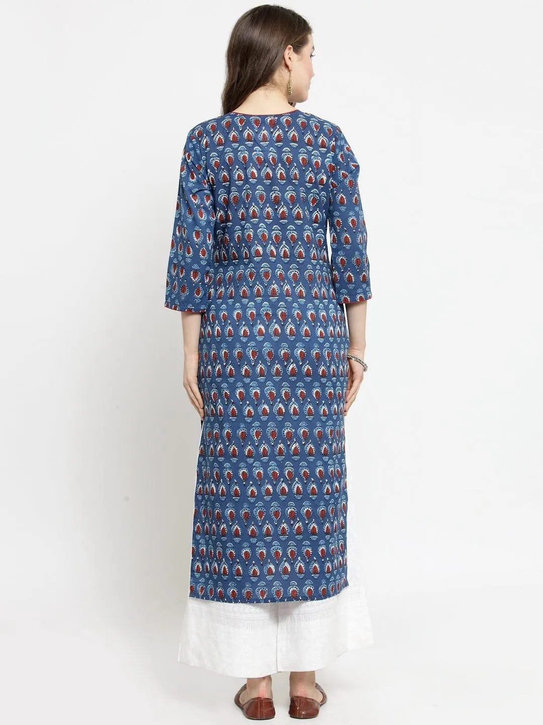 Navy Blue & Rust Brown Screen Print Straight Kurta