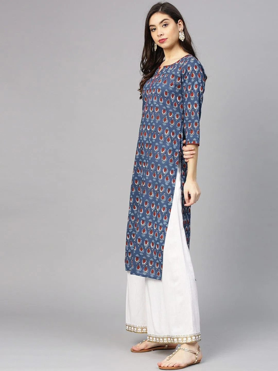 Navy Blue & Rust Brown Screen Print Straight Kurta