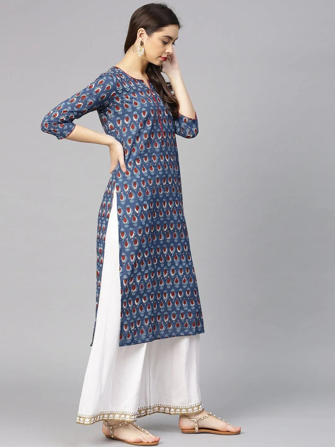 Navy Blue & Rust Brown Screen Print Straight Kurta