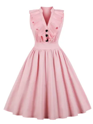 Pink 1950s Ruffle Trim Circle Dress