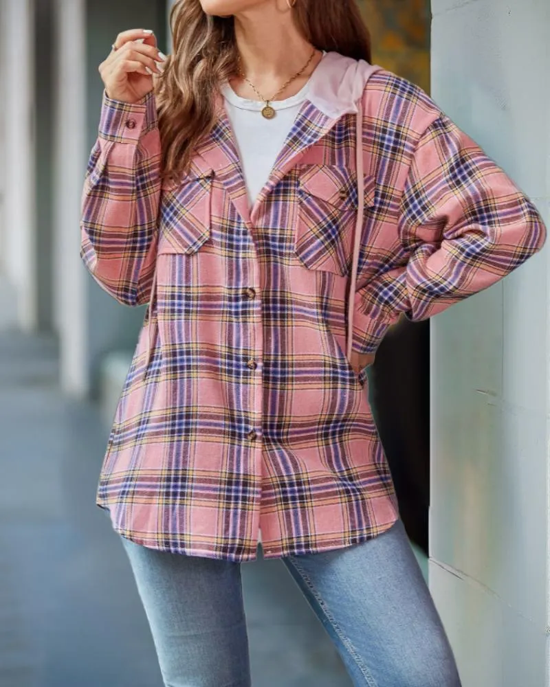 Plaid Pattern Pocket Design Button Down Hooded Shacket