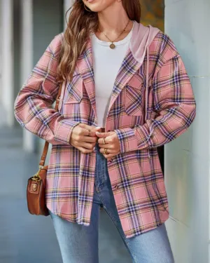 Plaid Pattern Pocket Design Button Down Hooded Shacket