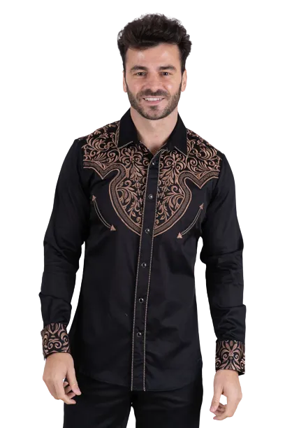 Platini Men's Cotton Black Embroidered Shirt