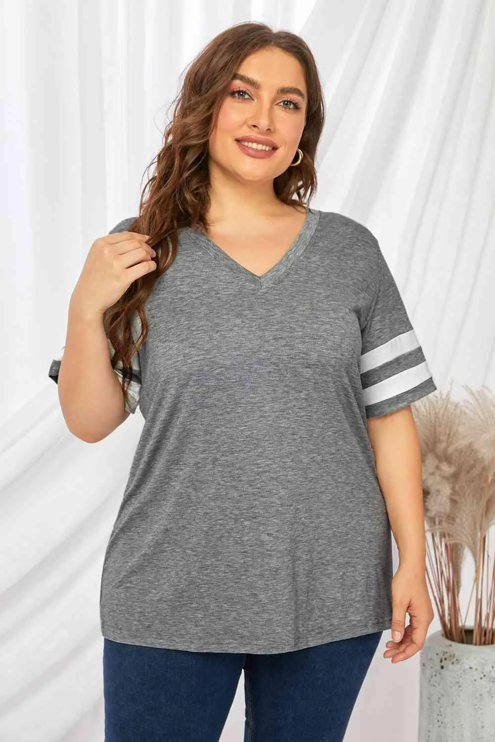 Plus Size Striped V-Neck Tee Shirt