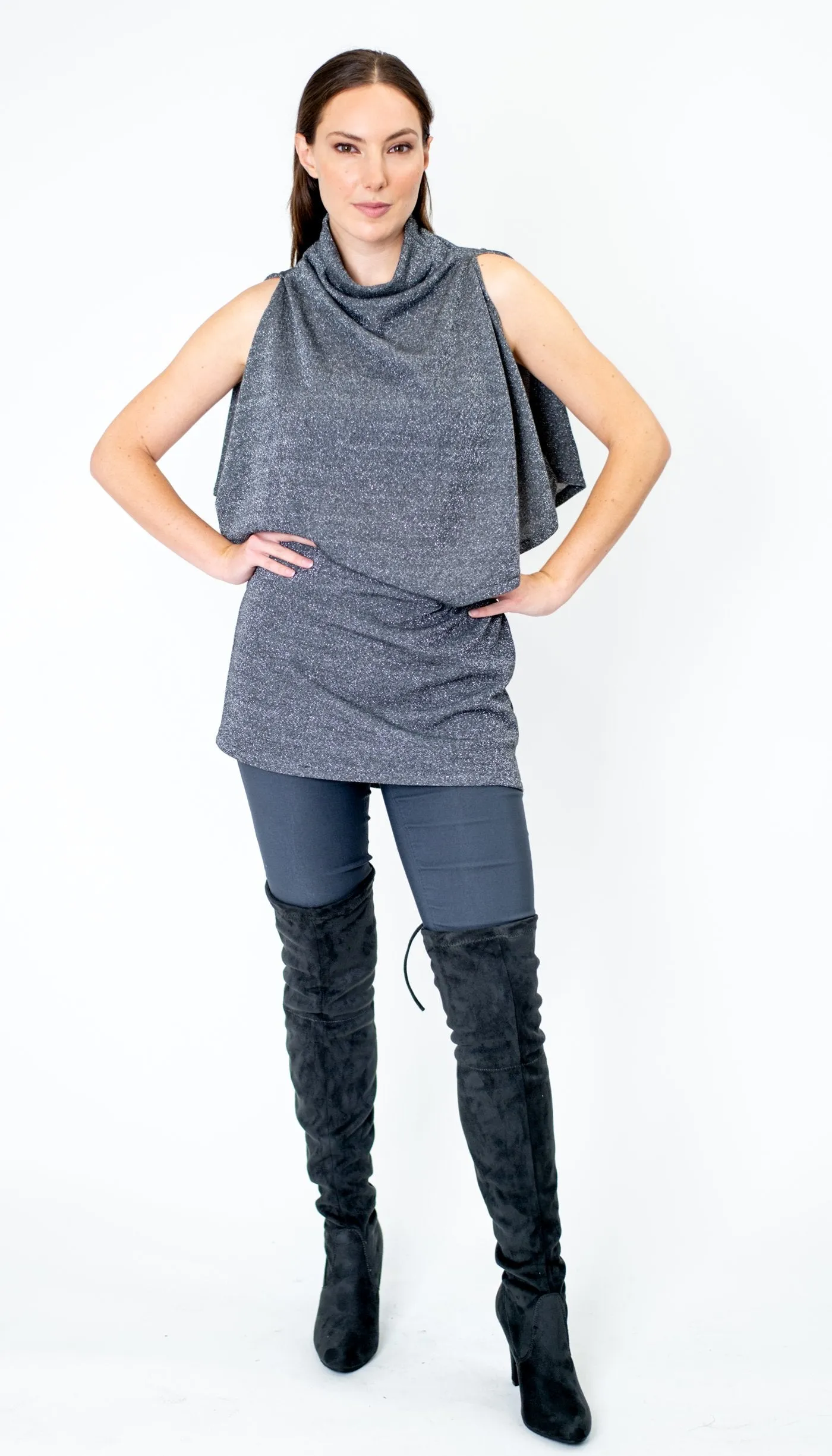 Poncho Tunic Top w/Split Shoulder / Black Metallic