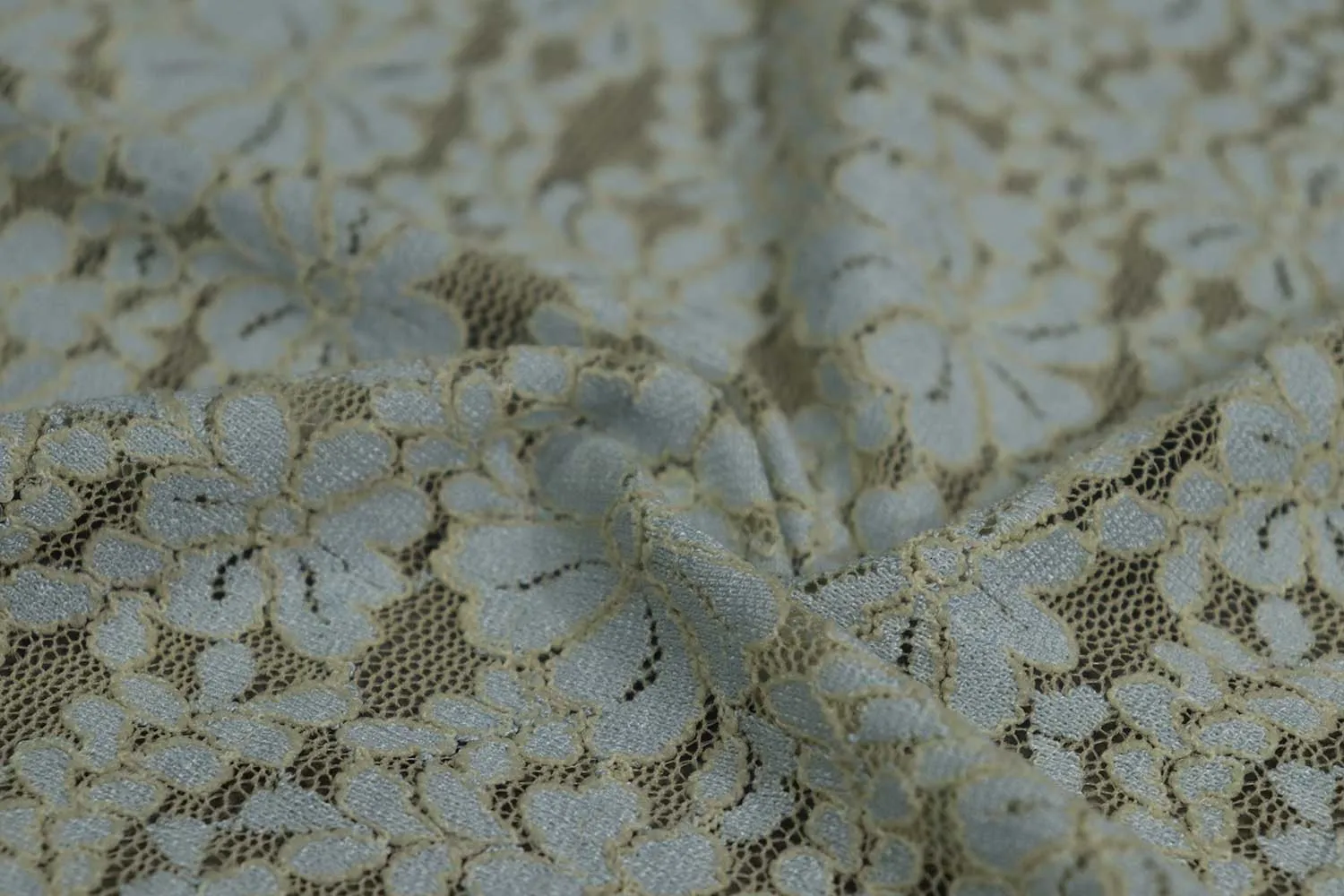 Powder Blue & Cream Floral Lace Polyester Fabric