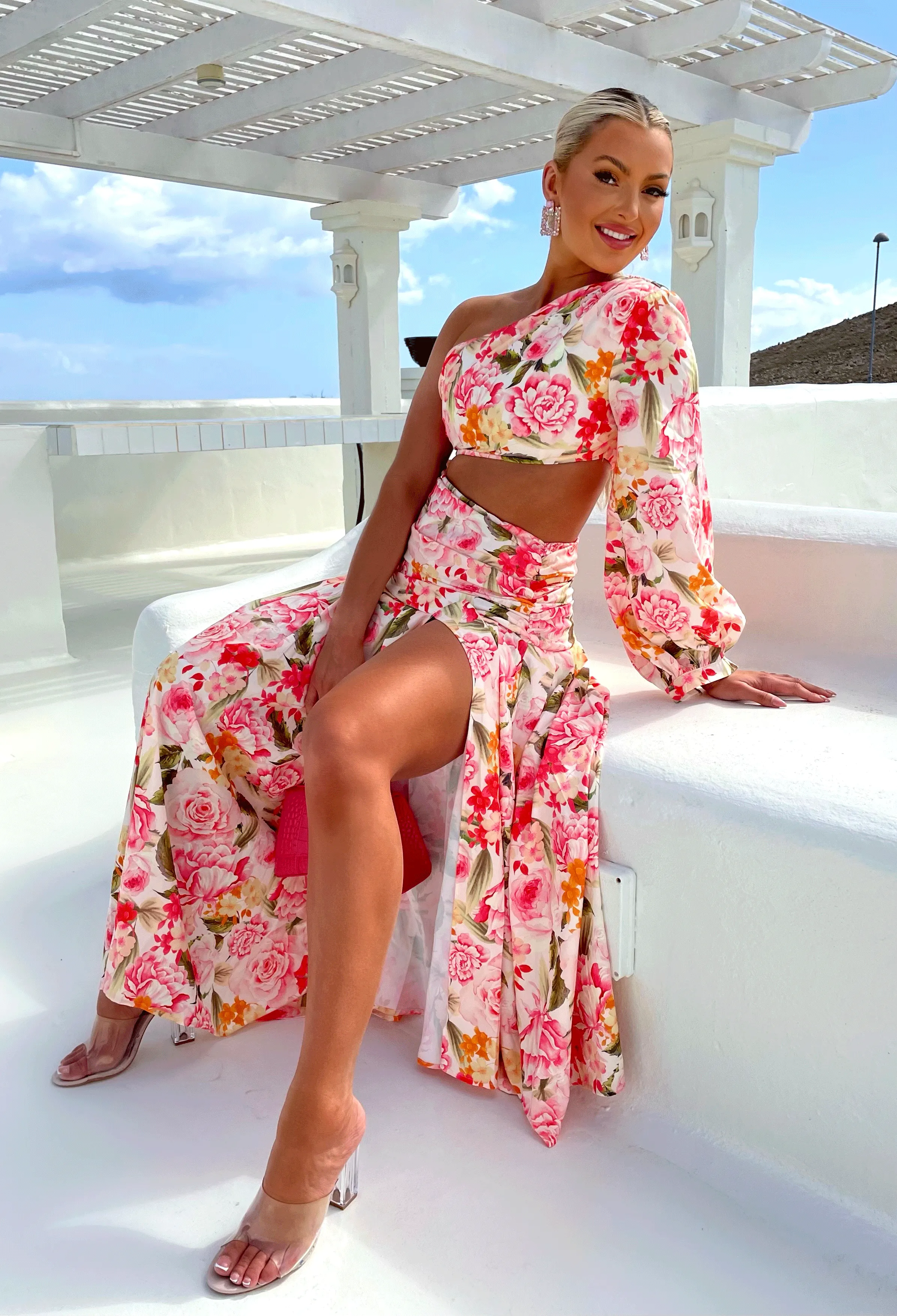 Pure Beauty Multi One Sleeve Floral Leg Split Maxi Dress