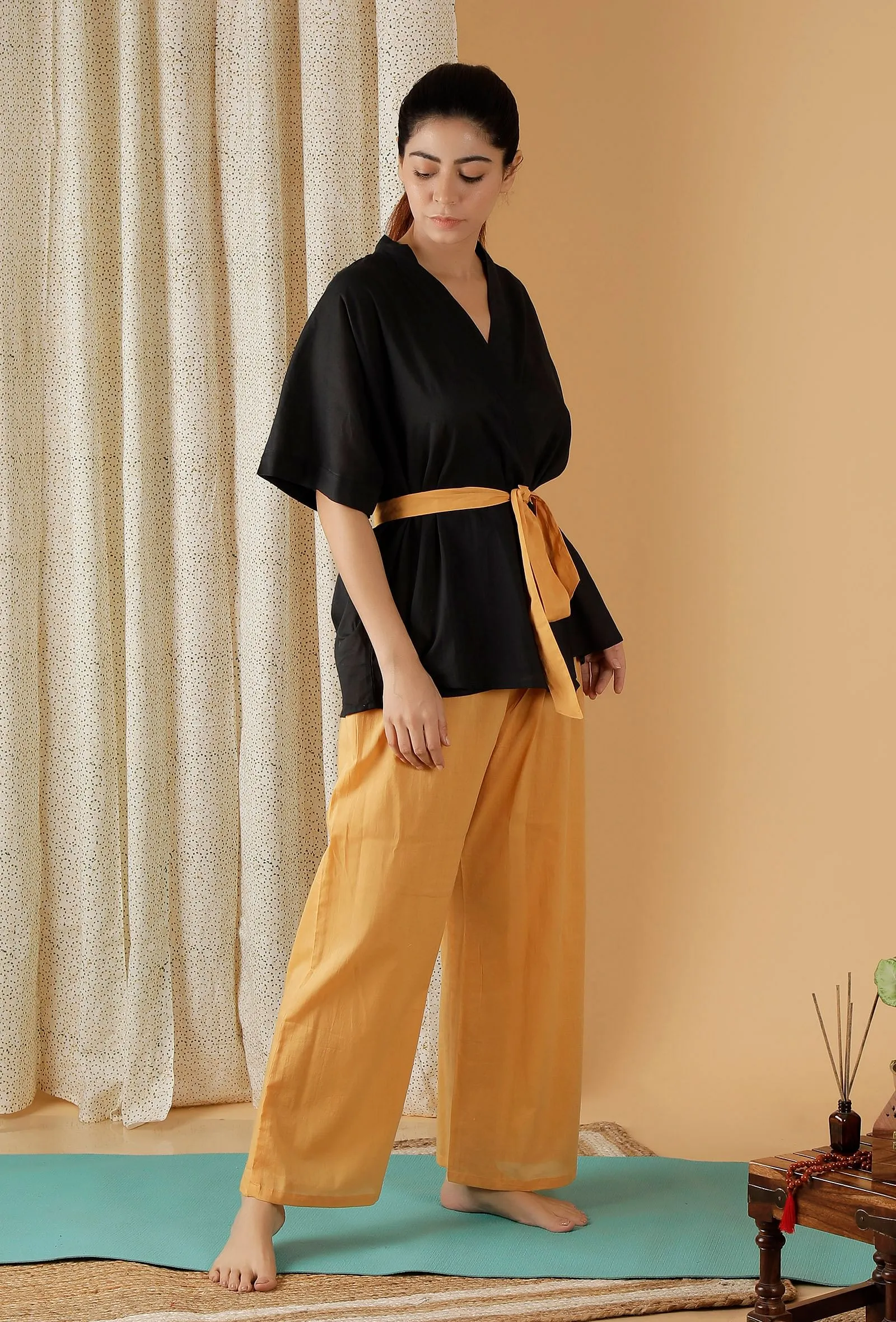 Set Of 2: Mulmul Cotton Black Robe And Mustard Straight pants