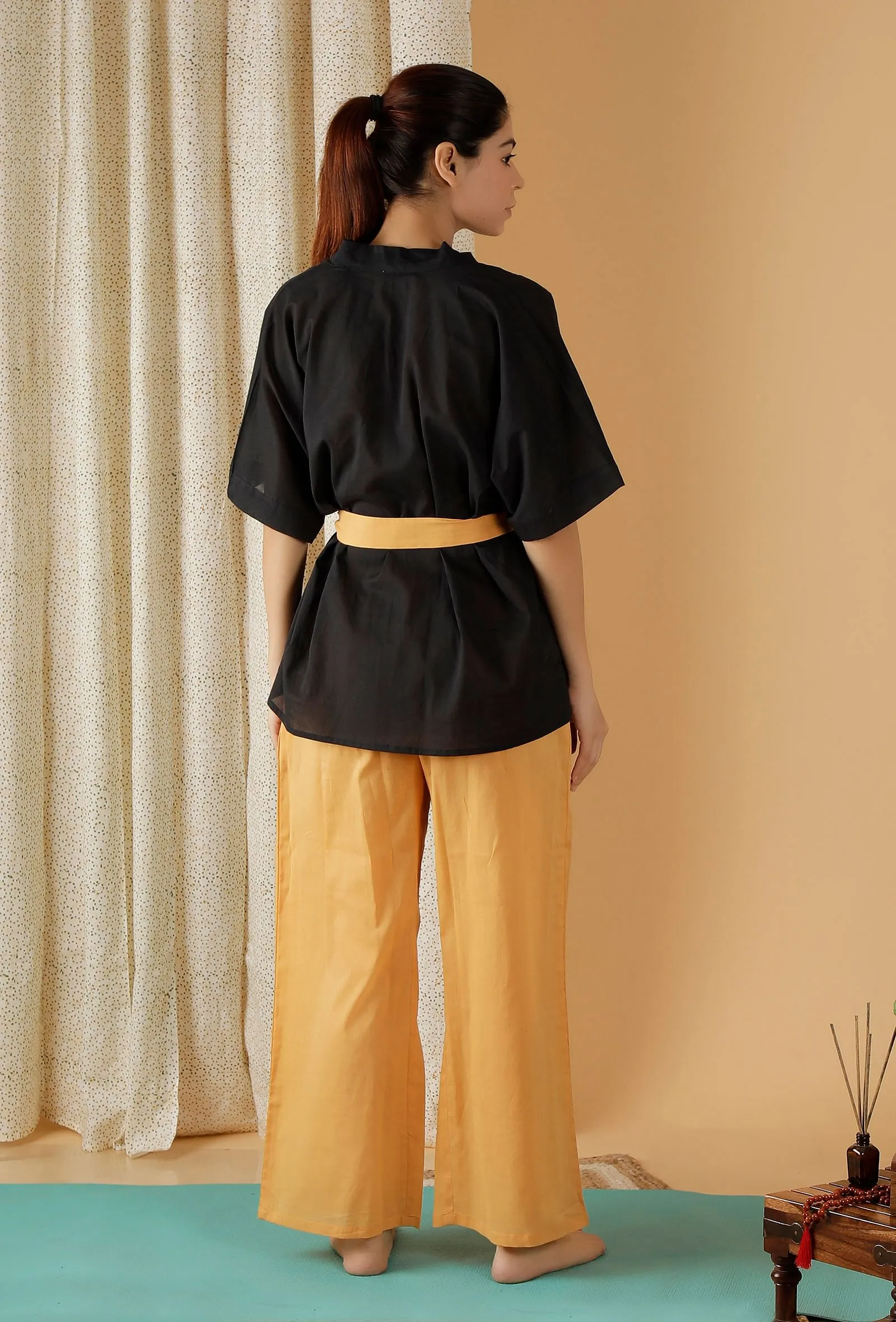 Set Of 2: Mulmul Cotton Black Robe And Mustard Straight pants