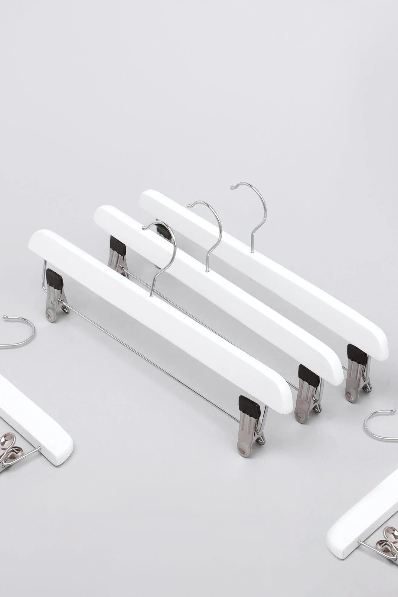 Set of 5 White Wooden Garment Hangers Chrome Clips