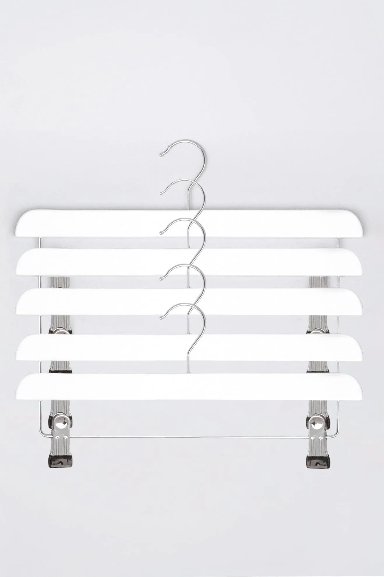 Set of 5 White Wooden Garment Hangers Chrome Clips