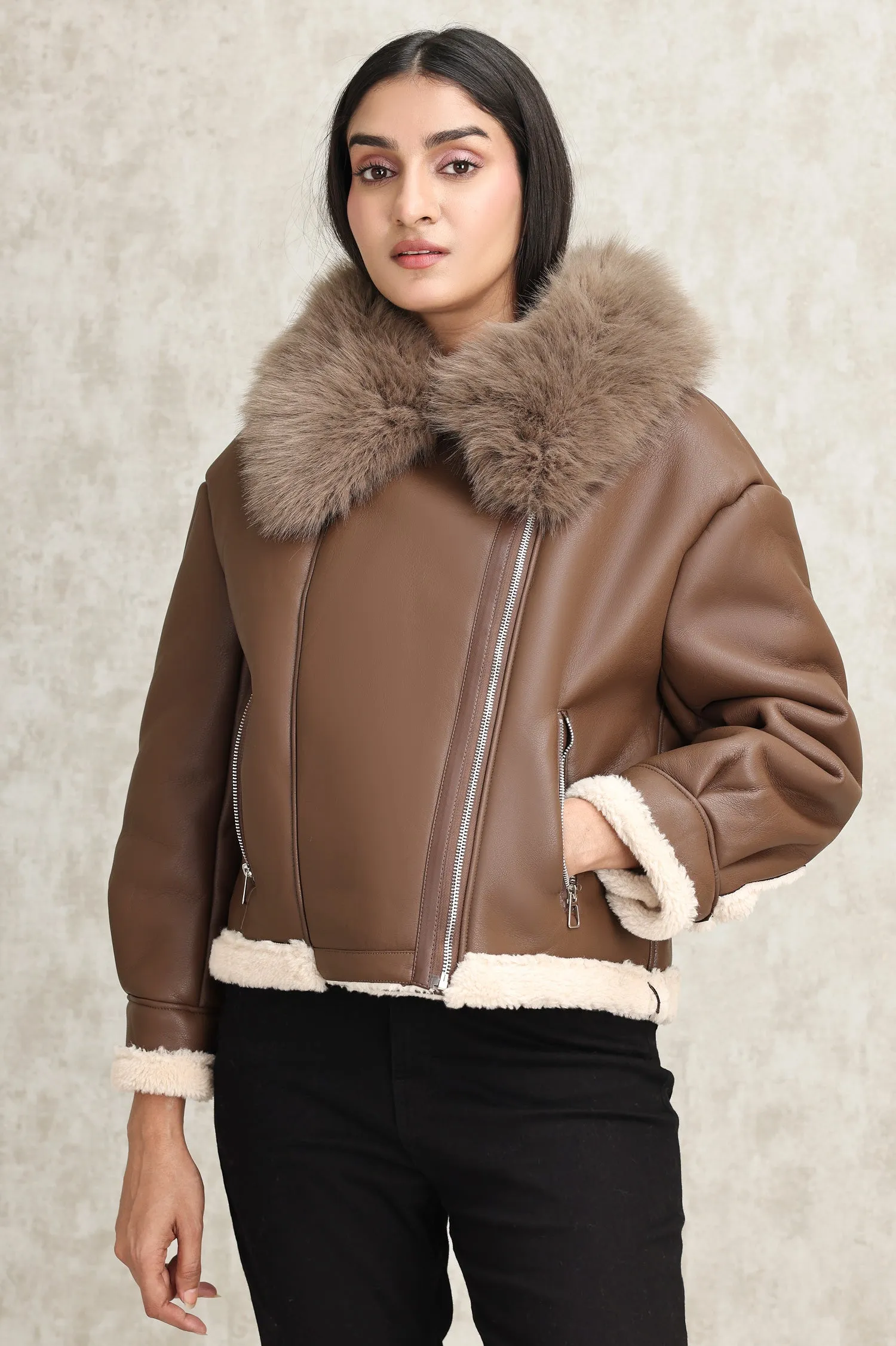 SHEARLING AVIATOR JACKET-COFFEE