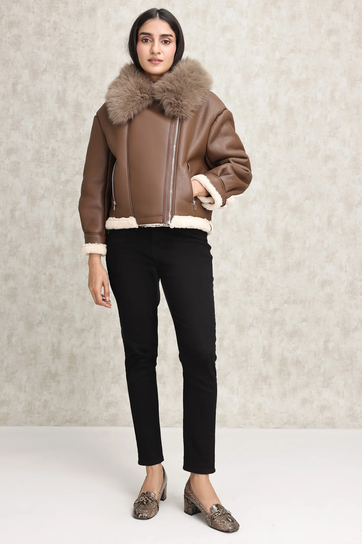 SHEARLING AVIATOR JACKET-COFFEE