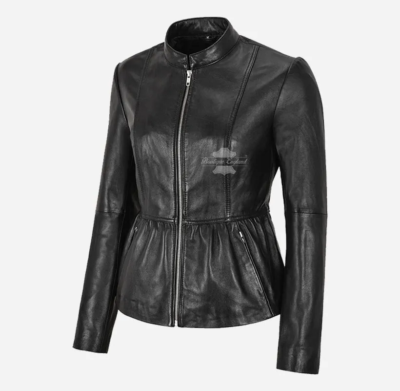 Shirred Waist Ladies Leather Glamour Jacket Black Real Leather Jacket