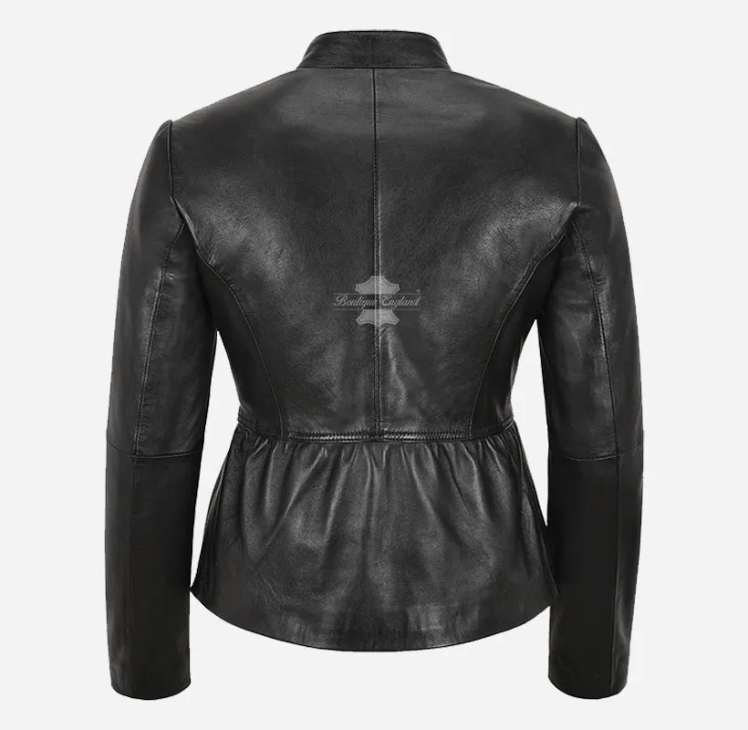 Shirred Waist Ladies Leather Glamour Jacket Black Real Leather Jacket