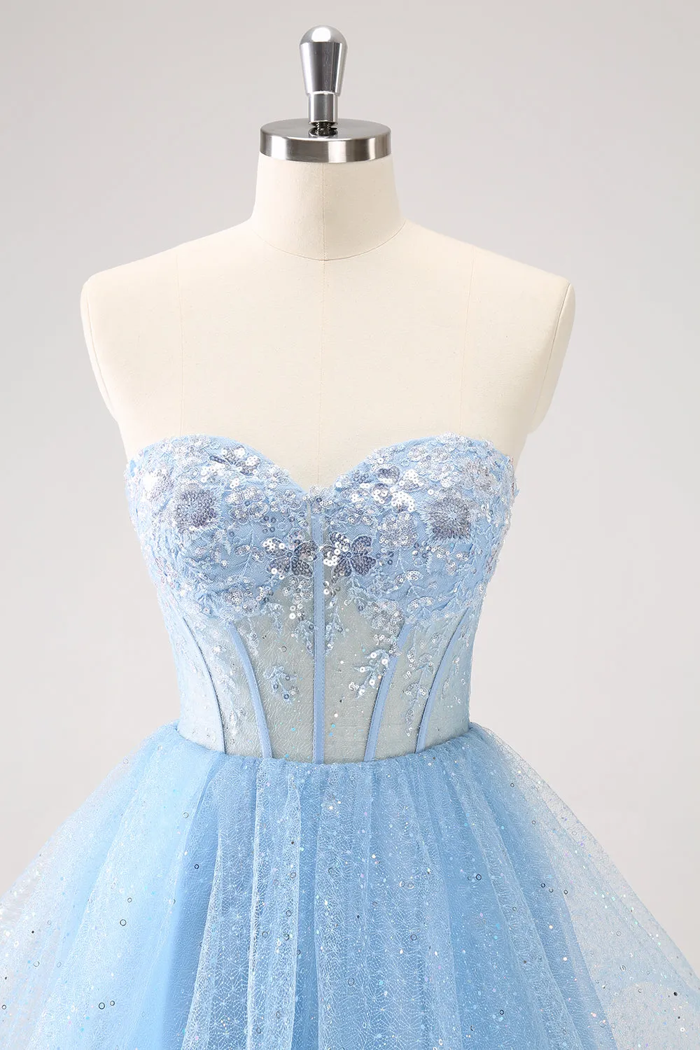 Sky Blue A Line Sweetheat Corset Tulle Mini Dress with Sequins