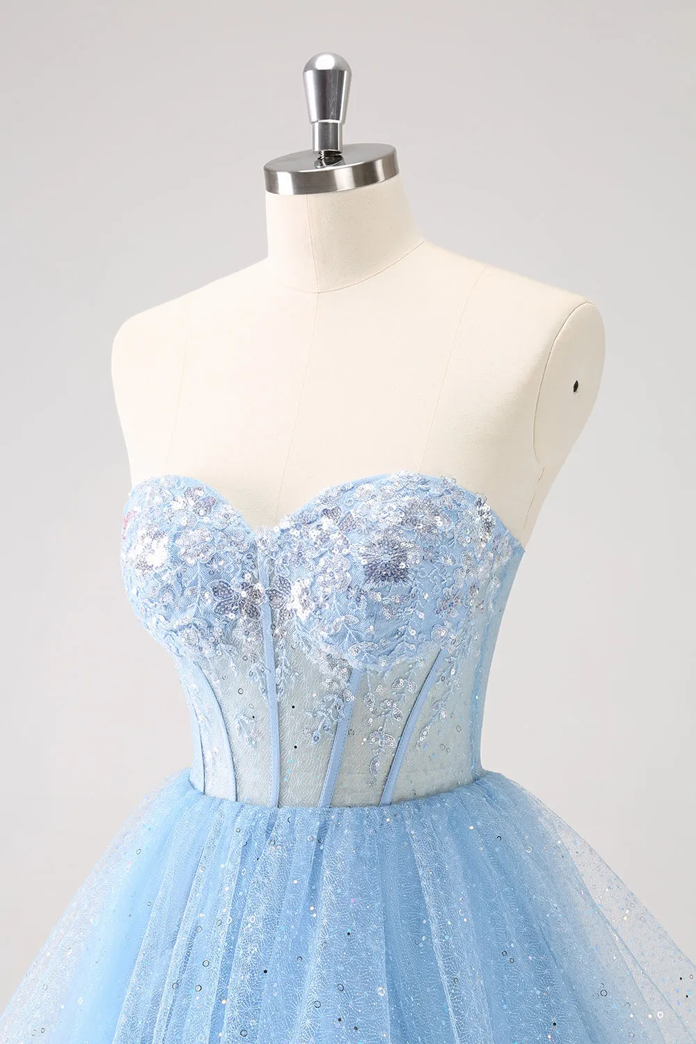 Sky Blue A Line Sweetheat Corset Tulle Mini Dress with Sequins