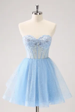 Sky Blue A Line Sweetheat Corset Tulle Mini Dress with Sequins