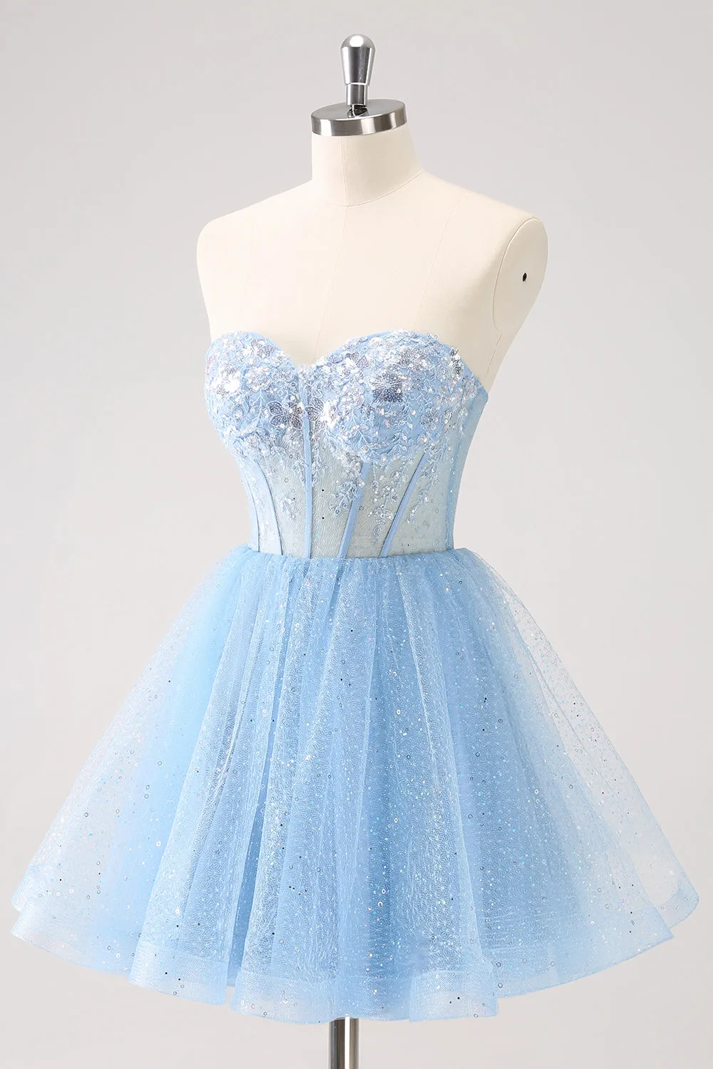 Sky Blue A Line Sweetheat Corset Tulle Mini Dress with Sequins