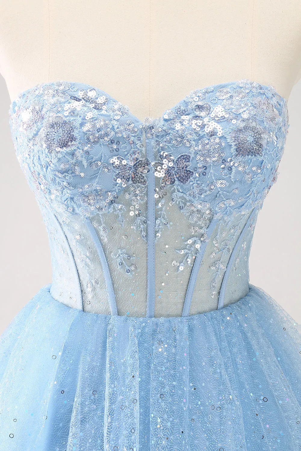 Sky Blue A Line Sweetheat Corset Tulle Mini Dress with Sequins