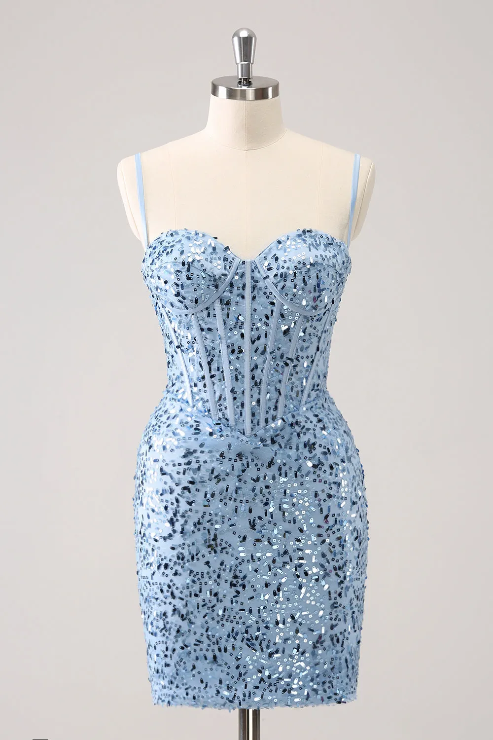 Sparkly Blue Corset Sequined Spaghetti Straps Tight Mini Dress