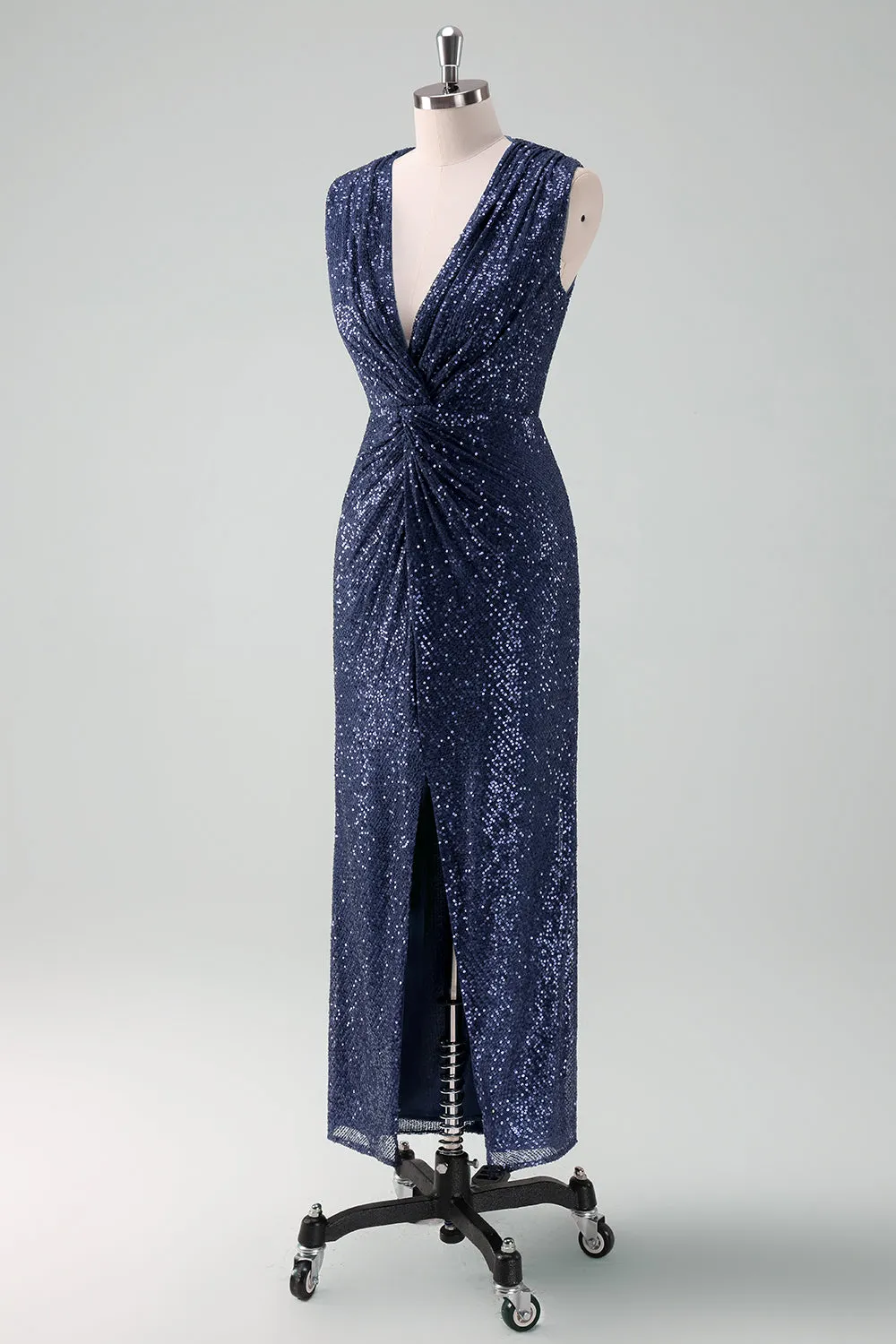 Sparkly Navy V Neck Sheath Tea Length Dress with Slit