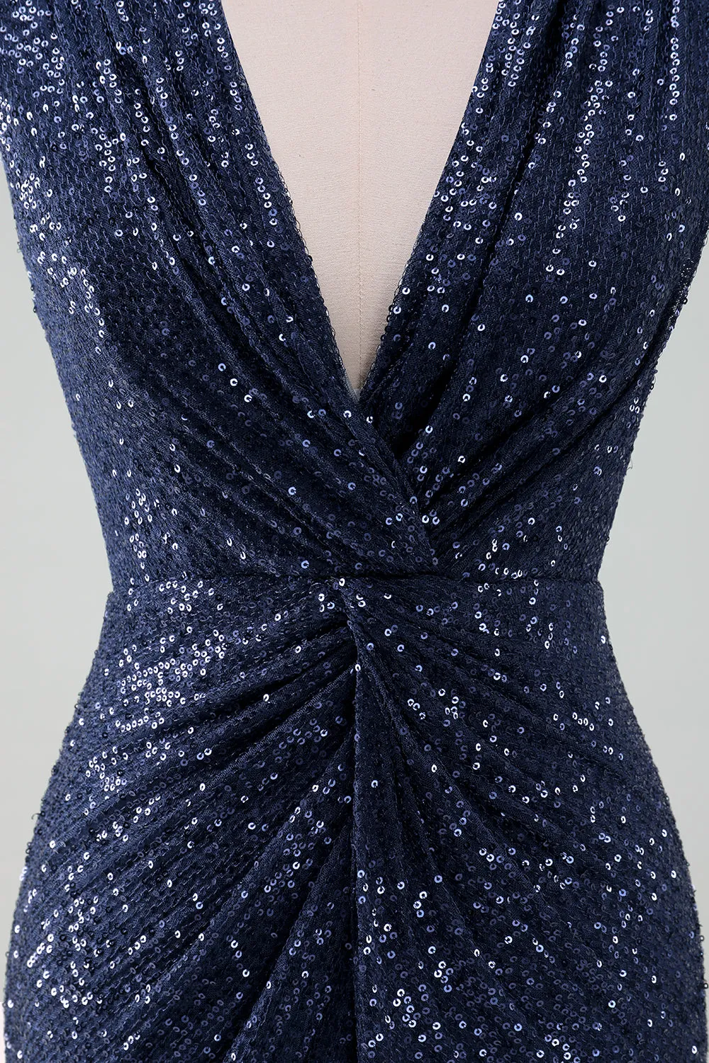 Sparkly Navy V Neck Sheath Tea Length Dress with Slit