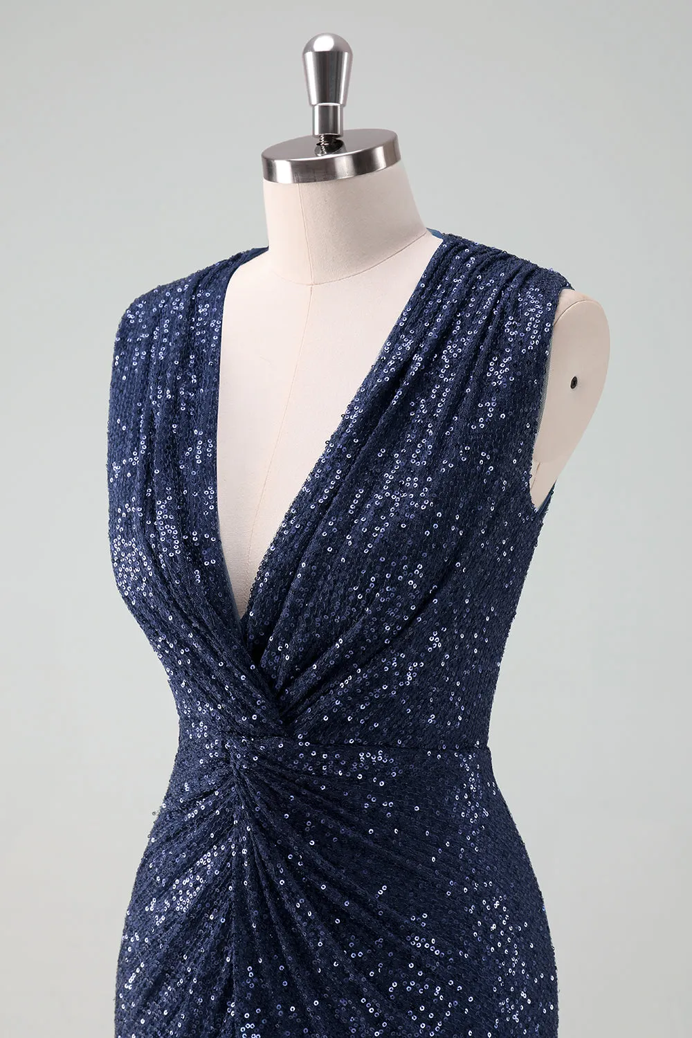 Sparkly Navy V Neck Sheath Tea Length Dress with Slit