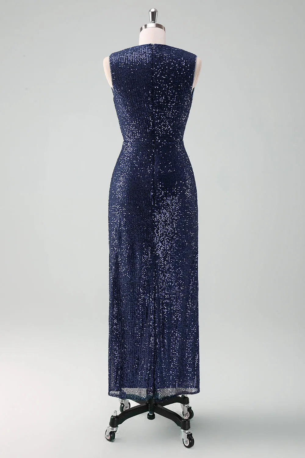 Sparkly Navy V Neck Sheath Tea Length Dress with Slit