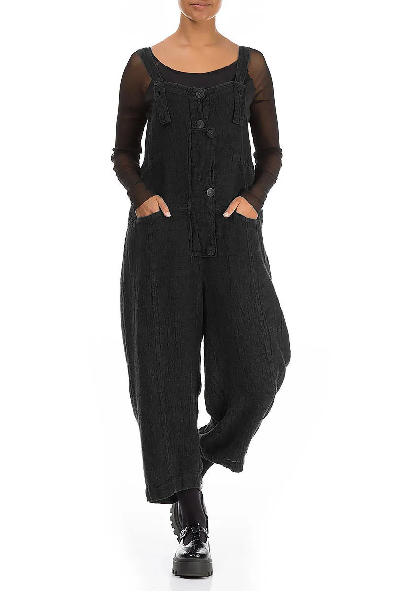 Strappy Black Mélange Linen Dungaree Jumpsuit