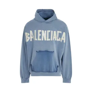 Tape Logo Ripped Pocket Hoodie in Faded Blue